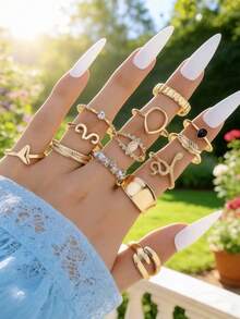 13pcs/Set Vintage Fashionable Multi-Element & Multi-Style Rhinestone Decorated Women's Ring Set, Suitable For Daily Wear, Music Festivals, Beach Trips - Gold - View 11