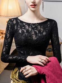 Lace Camisole Women, Flocked Hollow Out 2025 Autumn New Arrival Slit Stylish Blouse Top - Black - View 4