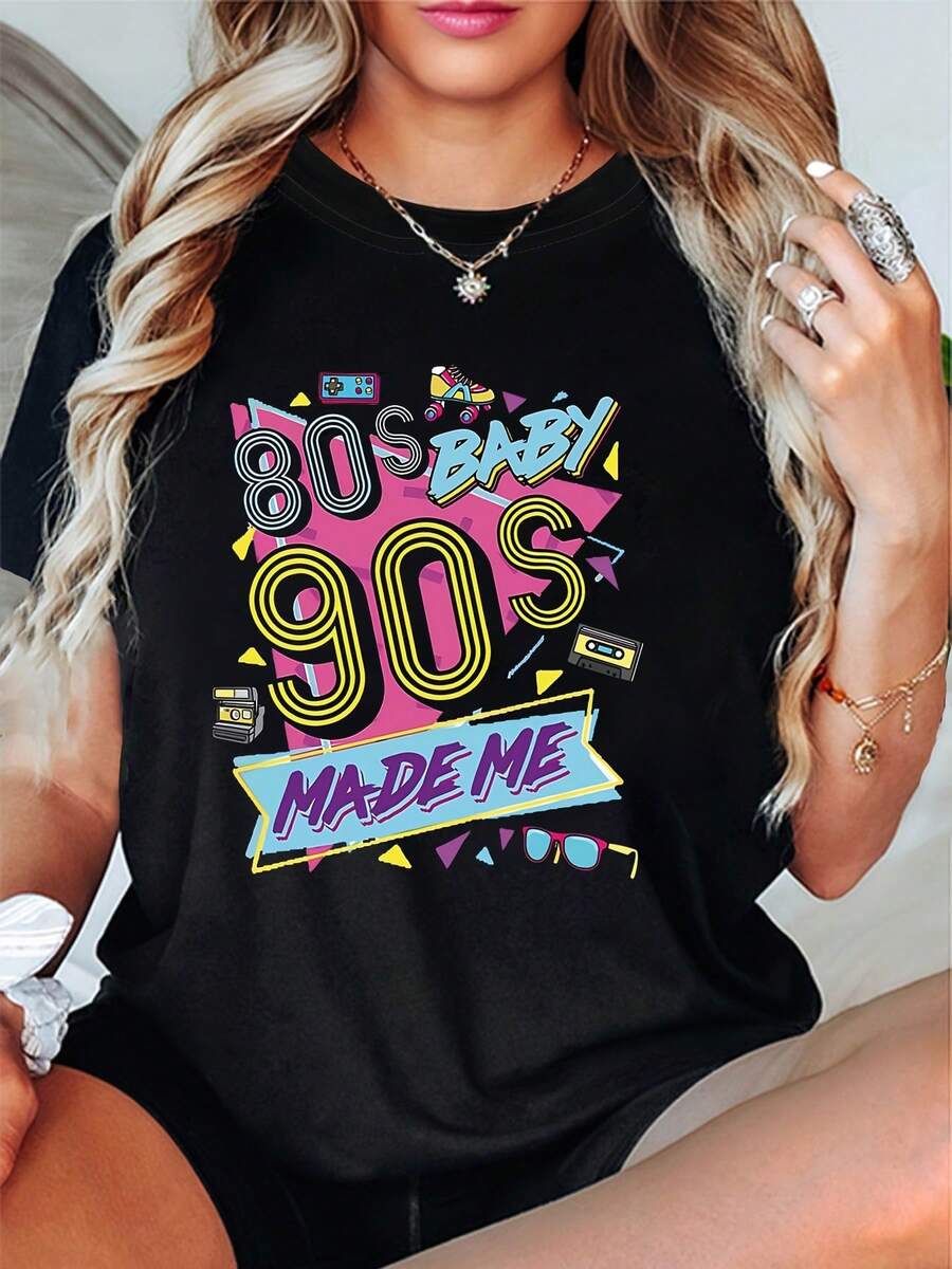 Women's 80s 90s T-Shirt - 80S 90S MADE ME Print Retro 80 & 's Casual Short Sleeve Crew Neck Top - Spring Summer Outfits For 80s & 90s Birthyears Outfit Or Casual Attire - 黑色 - 查看 1