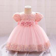 Pink Kids Clothes 2116 Big Bow 3D Flower Girls Frock Tulle Sequins Ball Gown Pageant Children Elegant Princess Prom Host Formal Evening Party Cocktail Dress 0-4Y - 蜜桃粉色 - 查看 1
