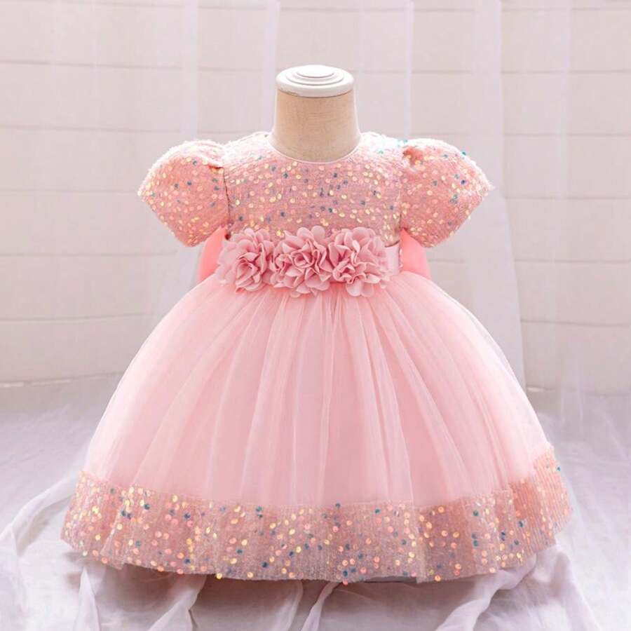 Pink Kids Clothes 2116 Big Bow 3D Flower Girls Frock Tulle Sequins Ball Gown Pageant Children Elegant Princess Prom Host Formal Evening Party Cocktail Dress 0-4Y - 蜜桃粉色 - 查看 1