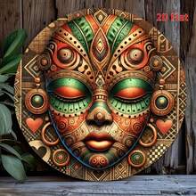 1 Stück runde Metallblechplatte - Afrikanische Maske Wanddekoration, vielseitiges Hofschild für Zuhause, Bauernhof, Garten, Garage, wetterfeste Outdoor-Anzeige, perfekte Raumdekoration mit zufälligen Montagelöchern - Verschiedenfarbig - Übersicht 7