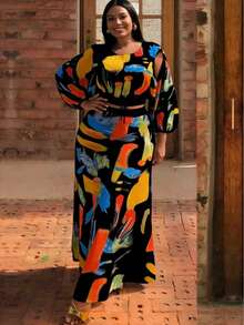 大码女装两件套，圆领灯笼袖露脐上衣和半身裙，休闲宽松版型，适合外出、旅行和街头穿着。适合春、夏、秋季穿着。不对称/不对称印花设计，充满度假海滩风情。优雅黑色 - 黑色 - 查看 5