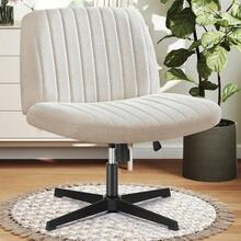 DUMOS Desk Chair No Wheels, Criss Cross Chair Wide Cross Legged Office Desk Vanity Comfy Chair, Armless Adjustable Swivel Chairs For Home Computer Task Beige - 米色布料 - 查看 1