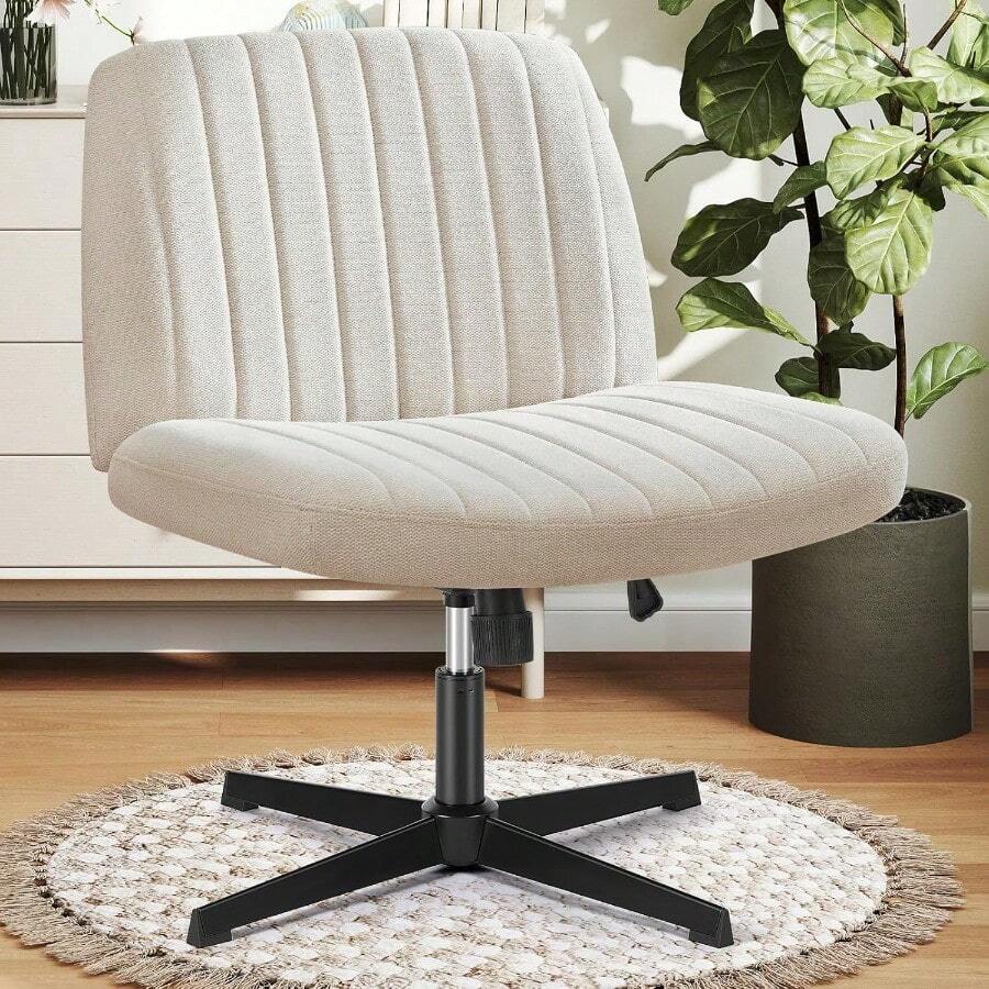 DUMOS Desk Chair No Wheels, Criss Cross Chair Wide Cross Legged Office Desk Vanity Comfy Chair, Armless Adjustable Swivel Chairs For Home Computer Task Beige - 米色布料 - 查看 1