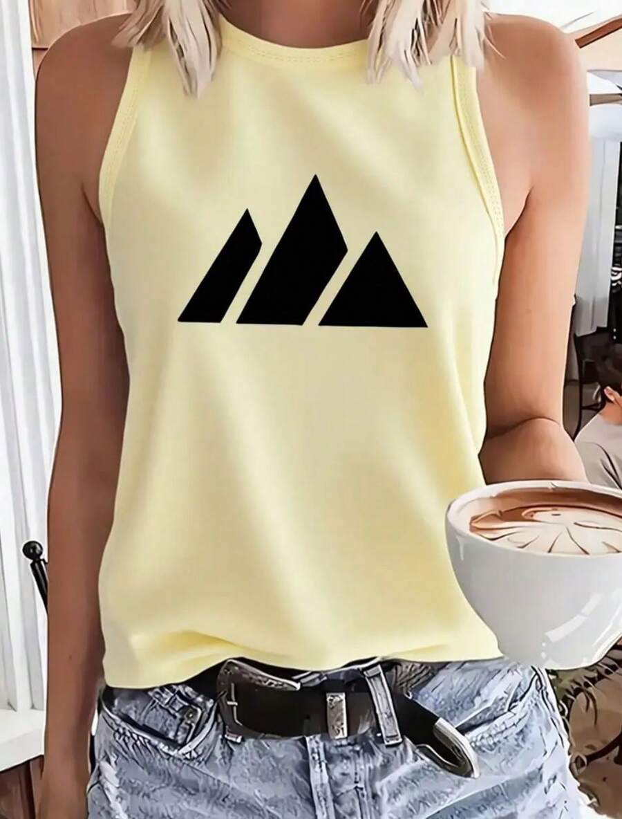 Camiseta Regata Feminina  Estampada Modelo: "Montanhas" Moda T-shirt Feminina com Estampa Camiseta Casual De Manga Cavada Promoção Blusinha Feminina, Conforto Moda Verão - Caqui - Visão 1