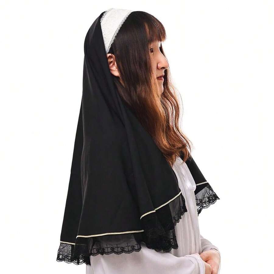 Chu 1rch Nun Wimples Hat Nun Veil Headband For Demonic Nun Costume - 黑色2 - 查看 1