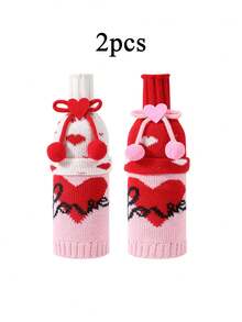 2个粉色爱心蝴蝶结酒瓶套，节日餐厅装饰，情人节葡萄酒瓶套，情人节葡萄酒瓶套装，酒袋，创意香槟酒瓶套，带图案的爱心蝴蝶结酒瓶套，针织酒瓶套，酒店、餐厅、餐桌节日装饰，浪漫礼物，情人节装饰品