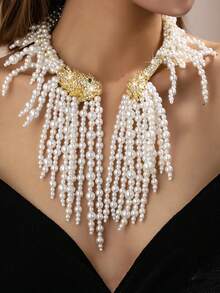 Elegant Luxury Elegant Faux Pearl Tassel Design With Full Diamond Lion Element Women's Charming Jewelry Set, Suitable For Wedding/Banquet, Exquisite Maximalism Accessories That Shine Among The Crowd - Multicolor - View 2