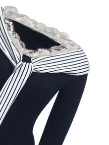 撞色条纹蕾丝拼接Y2K风格二合一长袖T恤，露肩设计，简约风格，春季款 - 藏蓝色 - 查看 9