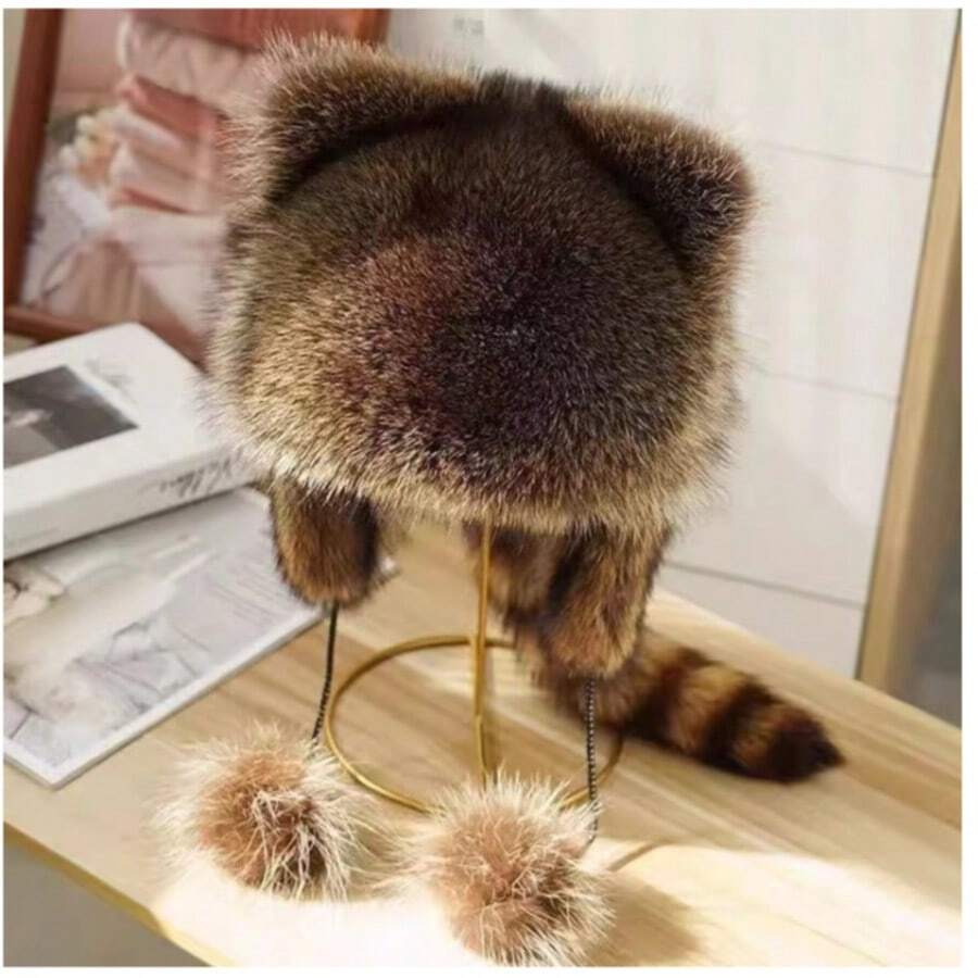 Small Raccoon Cold Cap, Full Ear Tailed, For Women&Children, Khaki - 卡其色 - 查看 1