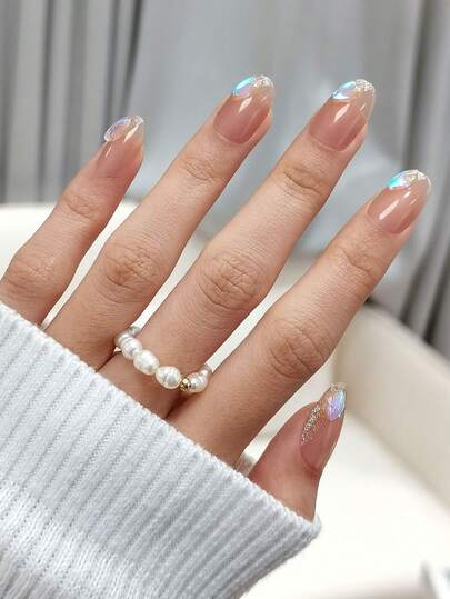 24pcs Oval Shaped Press-On Nails, Nude Color With Holographic Glitter Rhinestones, Sweet Style Manicure Set, Suitable For Girls/Women For Dates, Gifts, Valentine's Day, Daily Wear, Includes 1pc Jelly Gel And 1pc Nail File