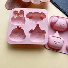 1 pieza Molde de silicona con 4 orificios de diseño de dibujos animados, para tartas al vapor, pasteles de arroz, tartas en tazón, molde para gelatina, molde para chocolate, molde para resina aromática, molde artesanal para jabón frío, utensilios de cocina para hornear DIY - Multicolor - Ver 6