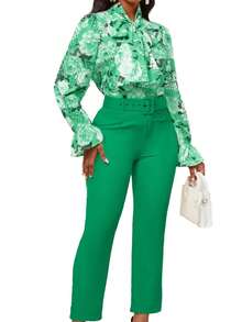 Conjunto de traje de mujer con estampado de moda estilo europeo y americano blusa de manga larga con cinturón y pantalón de vestir de talle alto conjunto de pantalón casual - Verde - Ver 2