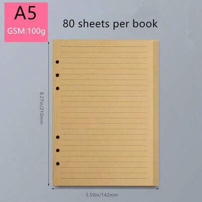 1 Pack 80 Sheets/160 Pages Refill Notebook Paper (Kraft Lined), 100g Thick Cream Colored Dotted Kraft Paper, Available In 3 Sizes: A6 (6 Holes, 105*170mm/4.13*6.69in), A5 (6 Holes, 142*210mm/5.59*8.27in), B5 (9 Holes, 182*255mm/7.16*10in)