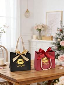 10个/1个/情人节带提手礼品袋，尺寸5.5 x 2.4 x 4.7英寸，唇形LOVE黑色迷你礼品袋，带蝴蝶结丝带，小型派对礼品袋，批量供应，适用于复活节、母亲节、情人节、送礼、婚礼等场合。 - 墨綠色-嘴唇款[手提] - 查看 9