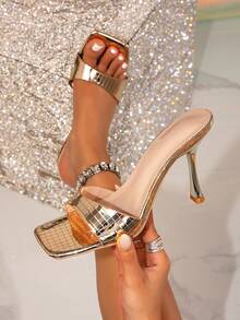 女士纯色方头穆勒细高跟凉鞋 - 香檳色 - 查看 1