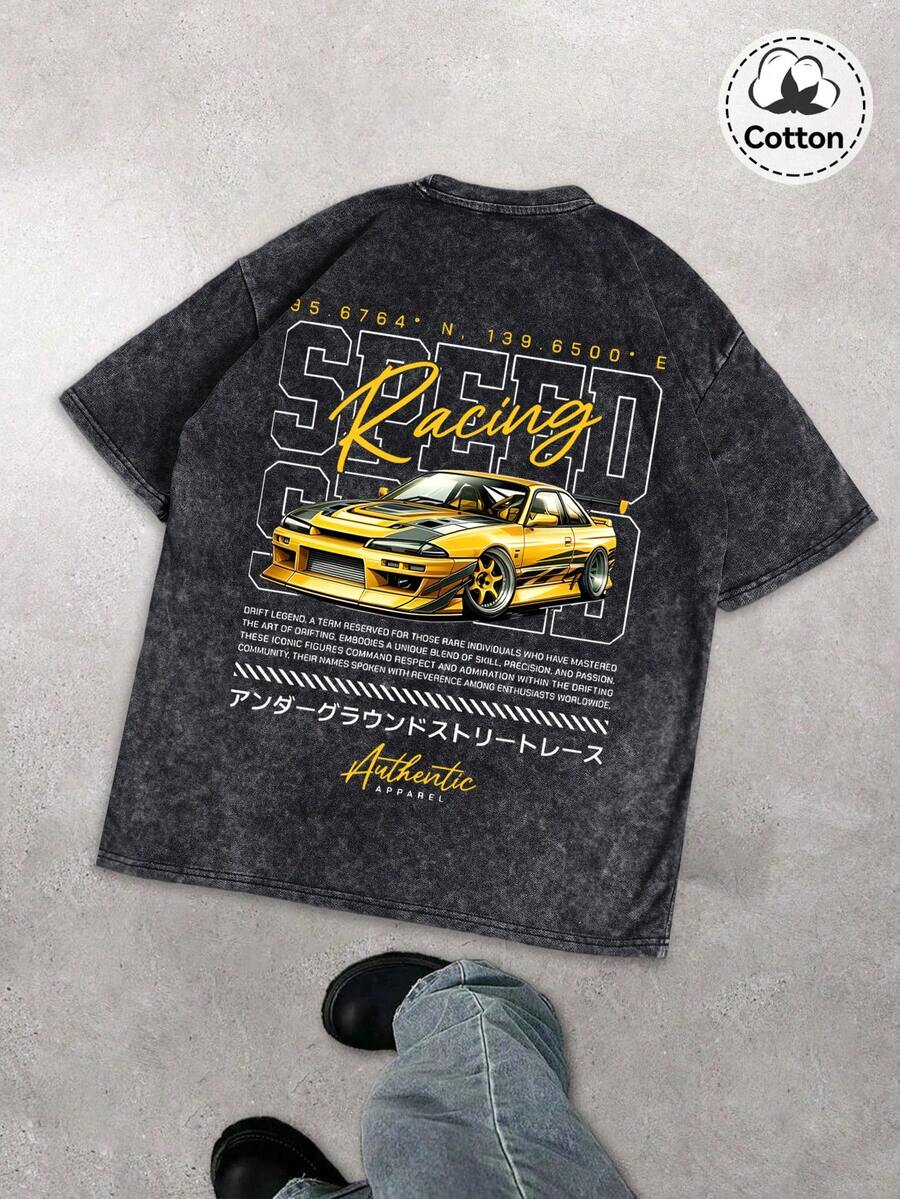 Hemo 男士街头赛车图案T恤，略带弹力做旧效果棉混纺黑色圆领短袖T恤，休闲日常穿着 - 黑色 - 查看 1