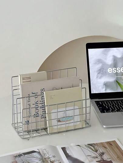 Modern Minimalist Metal Bookshelf With 3 Storage Baskets, Desktop Organizer Rack, Student Supplies, Nordic Style Rectangular Magazine/Newspaper Storage Box, Home Office Decor, Essential Household Item, Organizational Storage, Gift For Mom, Back To School