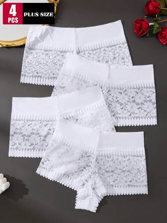 4 piezas Bragas sexy de talla grande para mujer con encaje floral y cintura alta