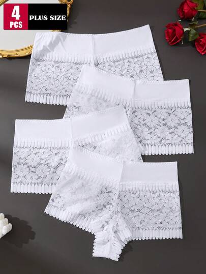 4 st Plus Size Dam Blommig Spets Hög Midja Sexiga Trosor