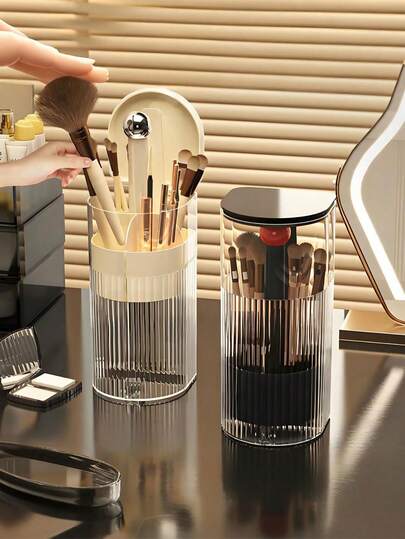 1pc Automatic Pop-Up Makeup Brush Holder With Cover, Makeup Display And Storage Box, Dust-Proof Makeup Brush Holder, Minimalist Square Plastic Pen Cup/Makeup Brush Holder, Transparent Makeup Storage Box With Sliding Opening Cover, For Storing Eyeshadow, Lipstick And Makeup Brushes, Suitable For Room, Home, Bedroom, Bathroom, Desk, Accessories, Fun Gift
