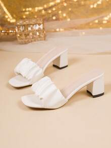 1 Pair White Pleated Design Slip-On High Heel Sandals, Fashionable Chunky Heel Mules For Teens & Girl, Comfortable White Wedding Shoes, Spring/Summer New Arrival - White - View 8