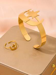 2件套金色金属星月形手链戒指套装，休闲度假派对节日首饰 - 金黃色 - 查看 2