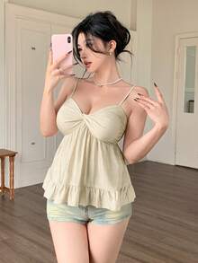 Apricot Sexy Front Twist Spaghetti Strap Ruffle Backless Loose Sweet Camisole, Made Of Textured Fabric, Casual, Office, Beach Vacation Wear, Young Fashion Spring/Summer New - Light Apricot - View 5