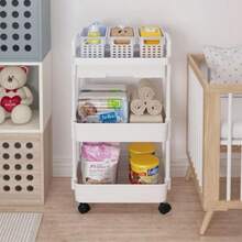 3 Tier Plastic Rolling Utility Cart With Handle Multi-Functional Storage Trolley With Mesh Baskets And Lockable Wheels For Bathroom Kitchen Office Classroom White - TC12Bianco - View 7