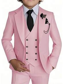 Stylish Boys 4 Piece Slim Fit One Button Formal Suit Set With Tie For Wedding Prom Party - Pink - View 1