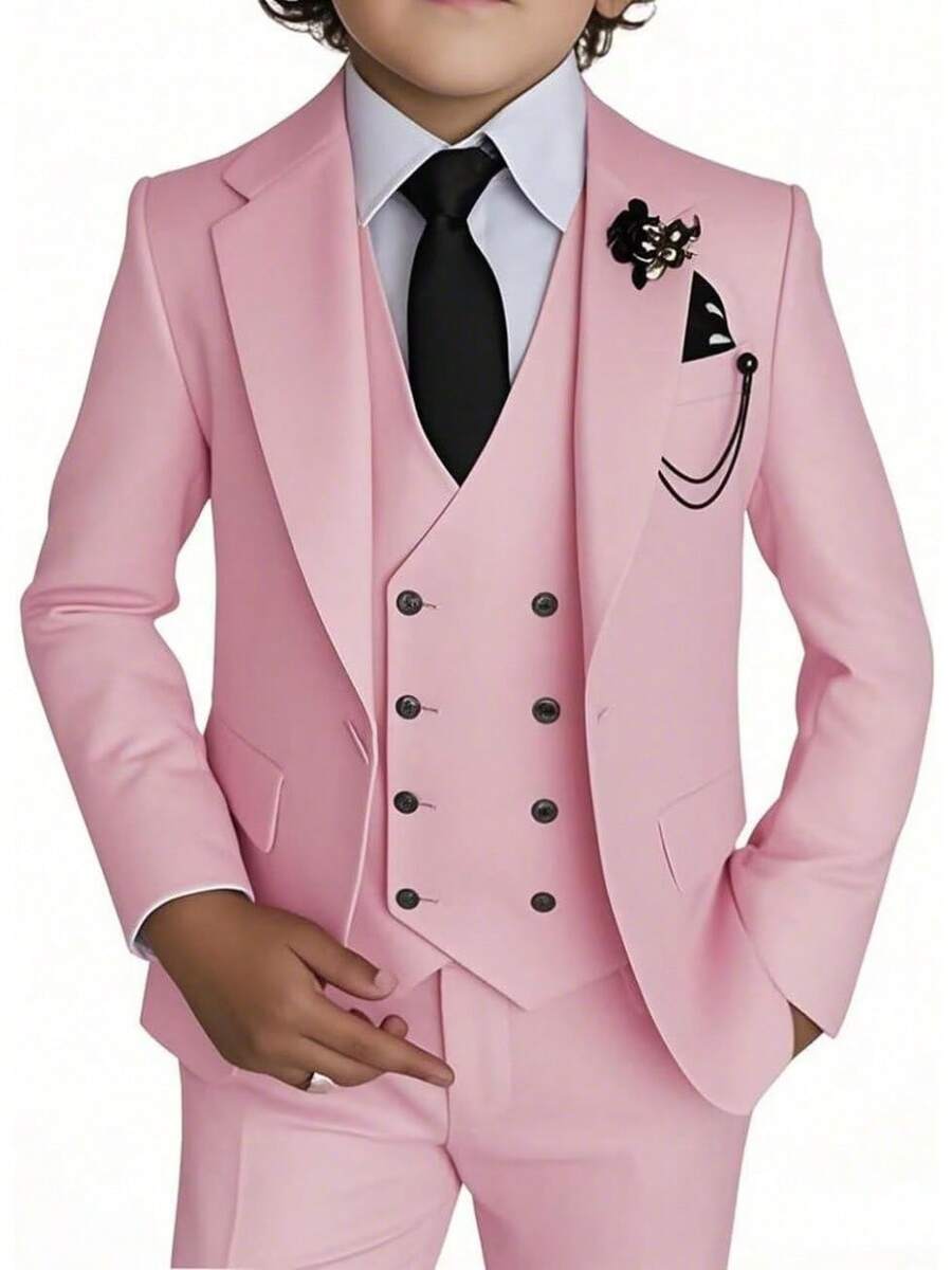 Stylish Boys 4 Piece Slim Fit One Button Formal Suit Set With Tie For Wedding Prom Party - Pink - View 1