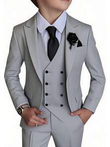 Stylish Boys 4 Piece Slim Fit One Button Formal Suit Set With Tie For Wedding Prom Party - Silver - View 1