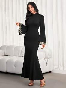 优雅立领，超长喇叭袖，阿拉伯风格贴花装饰连衣裙 - 黑色 - 查看 6