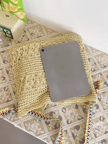 Women's Shoulder Bag, Crocheted Straw Woven Beach Style - Beige - View 10
