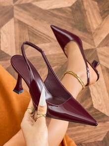 2026 New Non-Fatiguing Red Sole Cloth Women's High Heel Pumps, Thin Heel, Pointed Toe, Asymmetric Heel, Elastic Back Closed Toe Sandals - Burgundy - View 3