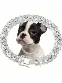 1pc Rhinestone Silver Pet Collar, Hip Hop Style Dog Necklace, Shiny Full Rhinestone Collar, Suitable For Cats And Dogs - Silver - View 5