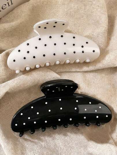 2pcs/1pc Women 4.13in/10.5cm Black & White Polka Dot Lightweight Plastic Hair Clips, Fashionable Versatile High-End Elegant Simple Solid Color Hair Claws, Suitable For Daily Casual, Party, Commute, Beach, Bun, Ponytail, Washing Face, Makeup, Accessory Women Bandanas Winter Hair Accessories Women Claw Clip
