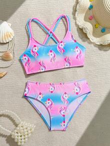 Bộ đồ bơi hai mảnh in họa tiết Pony Polly dành cho bé gái tuổi teen, thích hợp cho tiệc bãi biển và kỳ nghỉ năm 2026. - Hồng - Xem 1
