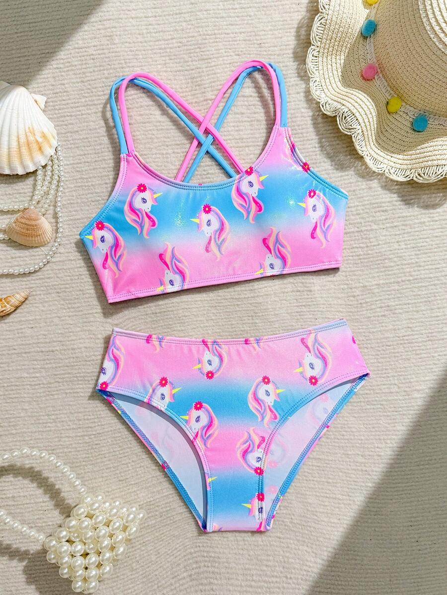 Bộ đồ bơi hai mảnh in họa tiết Pony Polly dành cho bé gái tuổi teen, thích hợp cho tiệc bãi biển và kỳ nghỉ năm 2026. - Hồng - Xem 1