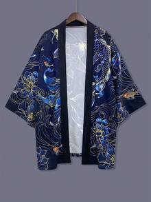 日式和服罩衫，复古锦鲤月亮印花，宽松版型，七分袖，男女通用，轻薄外套，适合春夏穿着，休闲、旅行、海滩、节日、角色扮演、舞蹈表演等场合，黑色 - 黑色 - 查看 2