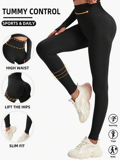 女士纯色罗纹高腰瑜伽紧身裤，舒适收腹运动裤，适合运动、健身、日常休闲穿着