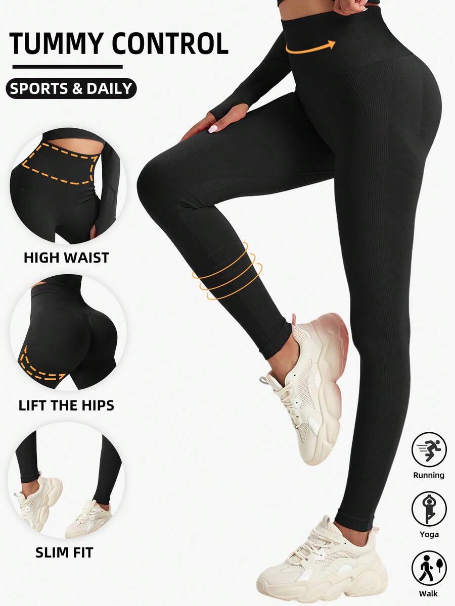 女士纯色罗纹高腰瑜伽紧身裤，舒适收腹运动裤，适合运动、健身、日常休闲穿着，春季款 - 黑色 - 查看 1