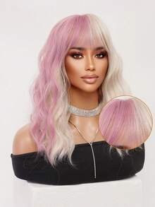 XOUJE 金色挑染粉色双色短卷洛丽塔假发，16英寸，带刘海，柔软蓬松，耐热合成纤维材质，适合女性时尚角色扮演、动漫风格日常派对等场合，动漫发饰，中长波浪假发，动漫发型 - 挑染粉色 - 查看 9