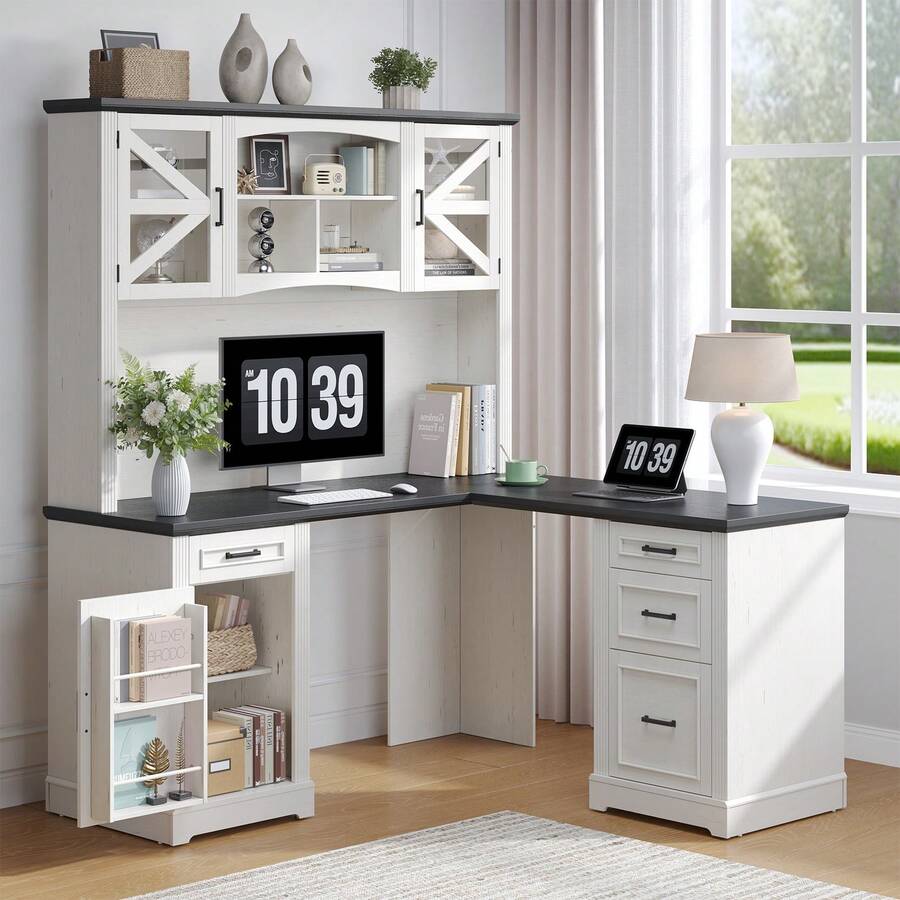 72" L-Shaped Executive Desk With Hutch, Farmhouse Home Office Desk With Keyboard Tray, Wood L Shaped Computer Desks Computer Workstations With 4 Drawers And Storage Cabinet For Home, Office, White & Black - Black and White - View 1