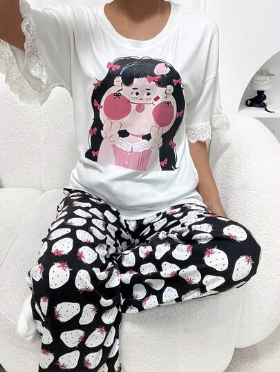 两件套女士睡衣套装，卡通印花T恤，草莓印花七分裤，圆领，舒适休闲，适合春、夏、秋、冬四季穿着，新款时尚两件套家居服