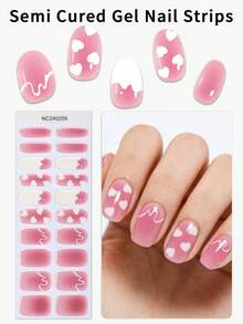 20片半固化凝胶美甲贴 - 情人节粉白爱心渐变美甲贴，需使用UV灯固化，易于粘贴 - 适合女性工作、日常居家DIY美甲贴纸 - 粉色 - 查看 11