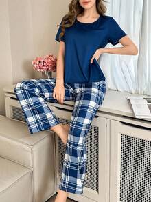 Conjunto de pijama de 2 piezas con top de manga corta azul y pantalón a cuadros para mujer - Azul - Ver 4