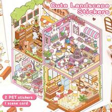 Mini Cartoon Landscape Stickers, Cute 3D Stereoscopic Small House Miniature Scene Collage, 2 Sheets Pet Stickers + 1 Sheet Scene Cardboard + 1 Sheet Reference, 4 Styles Available, Decompression Landscape Scrapbooking Stickers - Multicolor - View 1