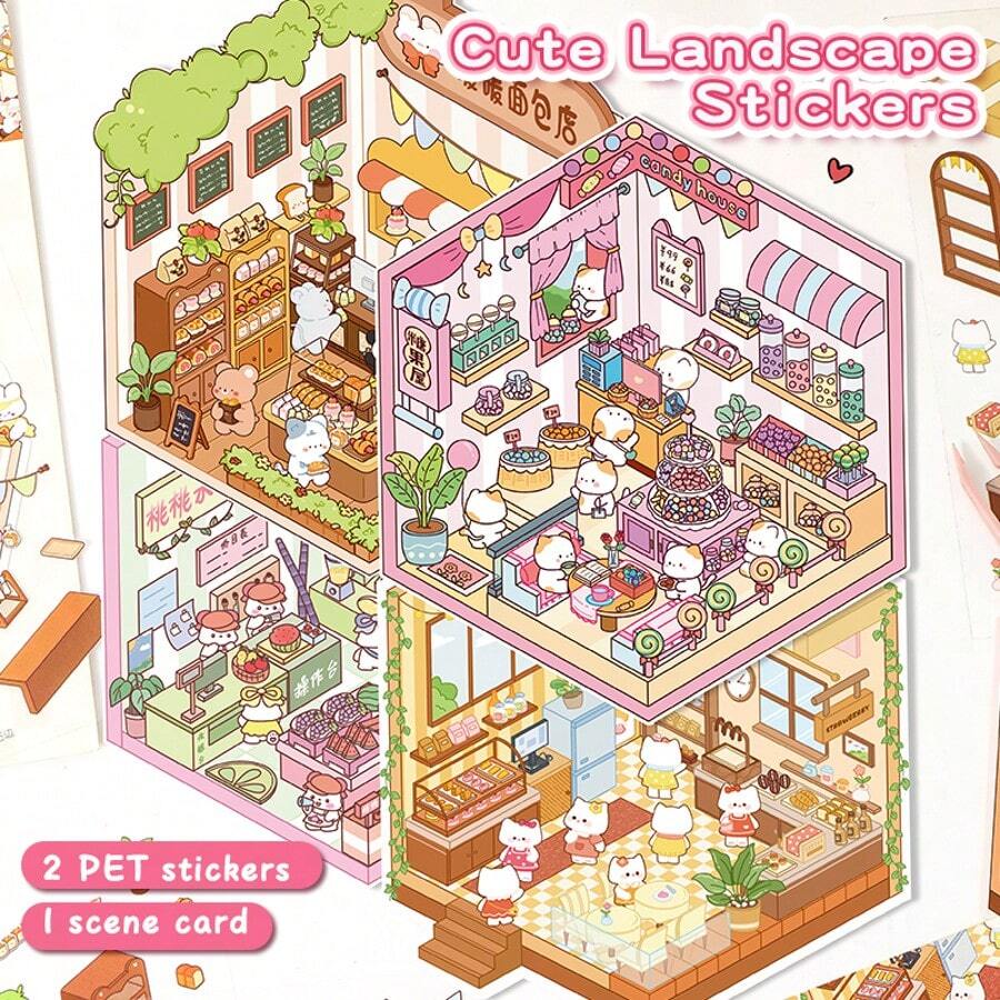 Mini Cartoon Landscape Stickers, Cute 3D Stereoscopic Small House Miniature Scene Collage, 2 Sheets Pet Stickers + 1 Sheet Scene Cardboard + 1 Sheet Reference, 4 Styles Available, Decompression Landscape Scrapbooking Stickers - Multicolor - View 1
